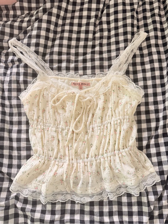 Bailey Rose Tops - Cream Floral Lace-Trim Smocked Camisole